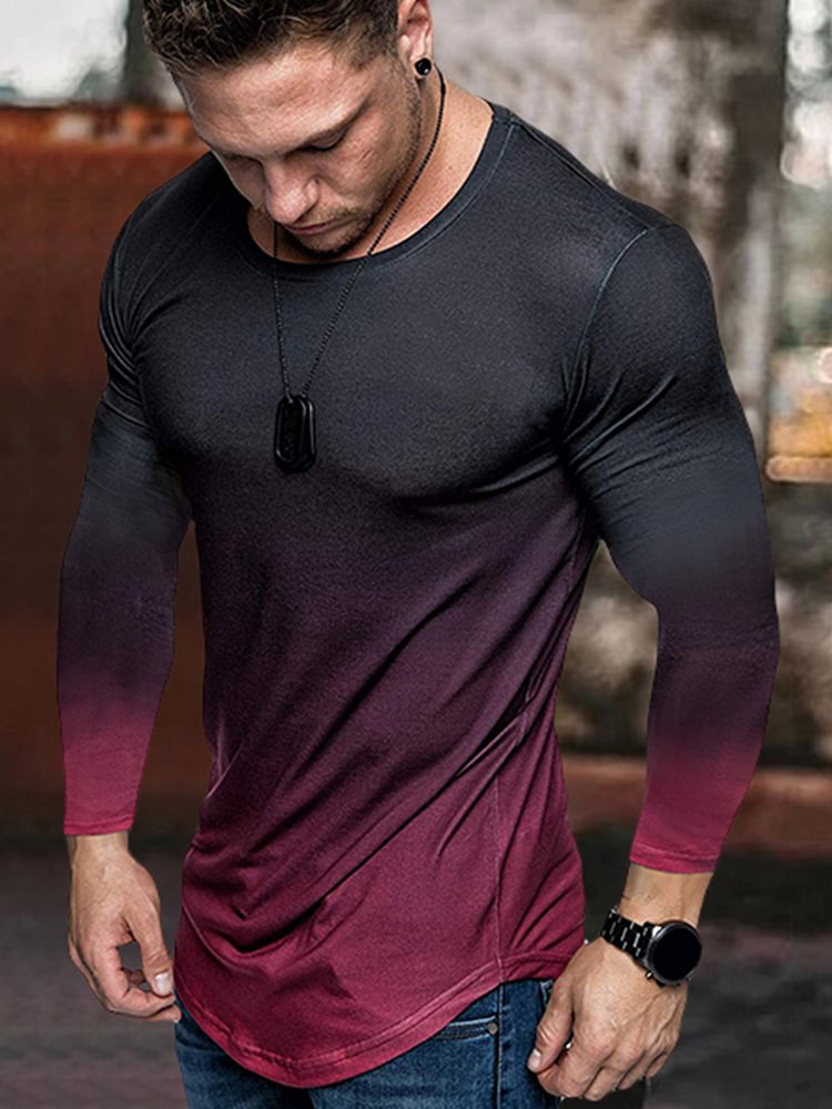 BrosWear Gradient Slim Fit Long Sleeve Contrast Color T-Shirt red black 