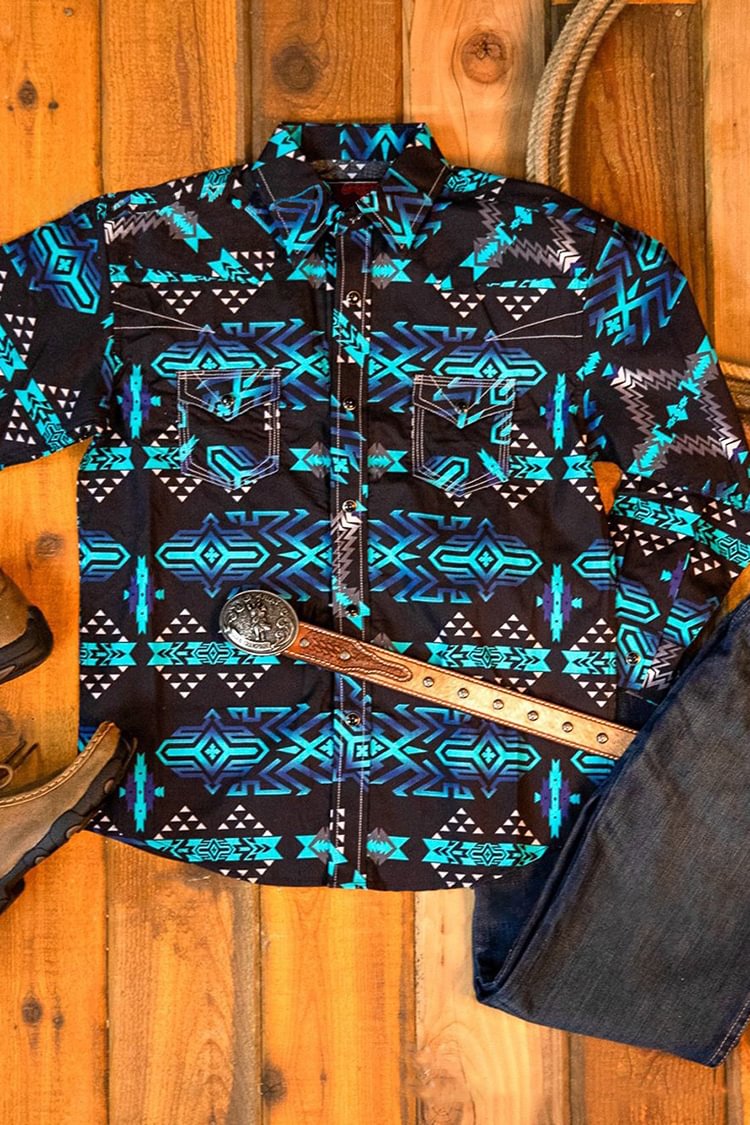 Tiboyz Blue And Black Geometry Western Print Shirt