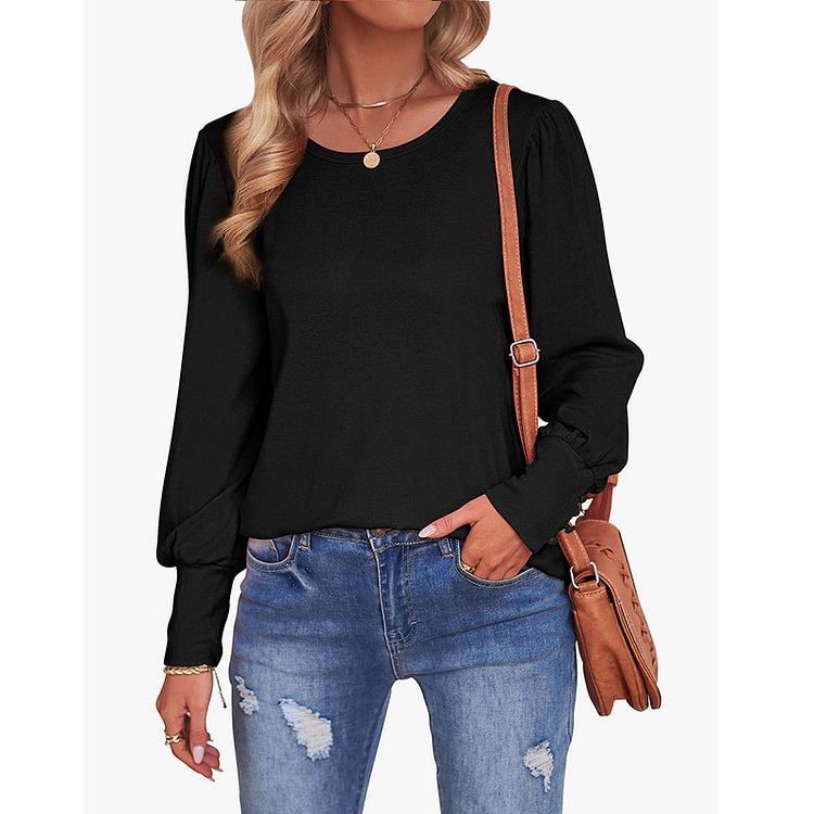Women's Blouse Autumn And Winter New Long Bubble Sleeve Round Neck Loose Casual Shirt