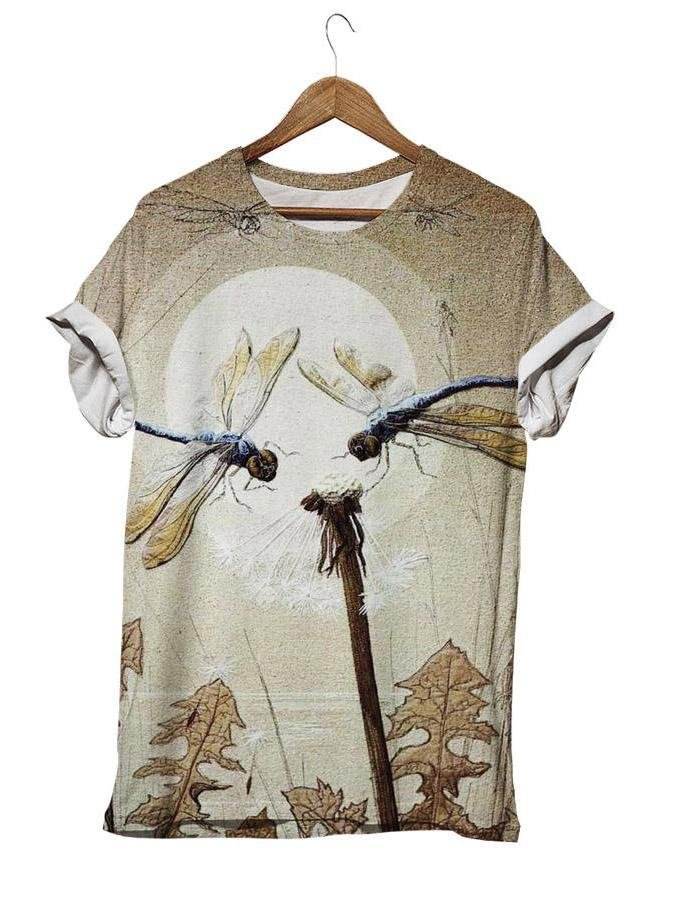 Casual Khaki Dragonfly Print Crew Neck Top-Mayoulove