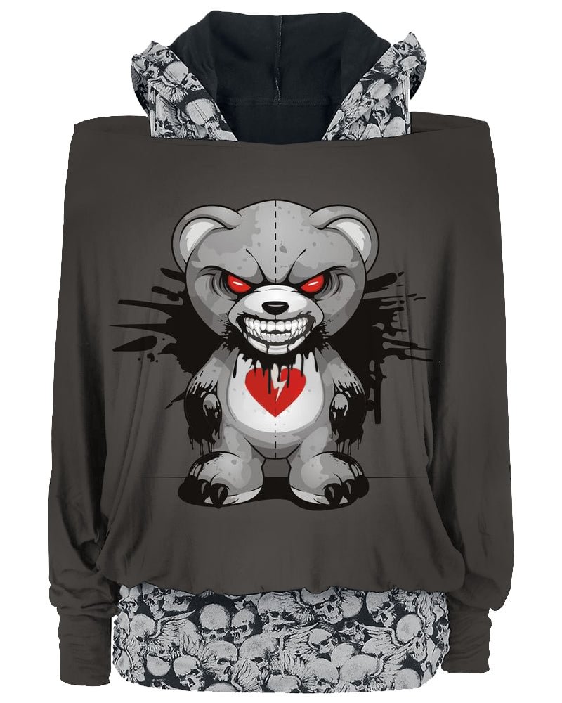 Angry Bear Doll Long Sleeve Women Top With Skull Print Lining