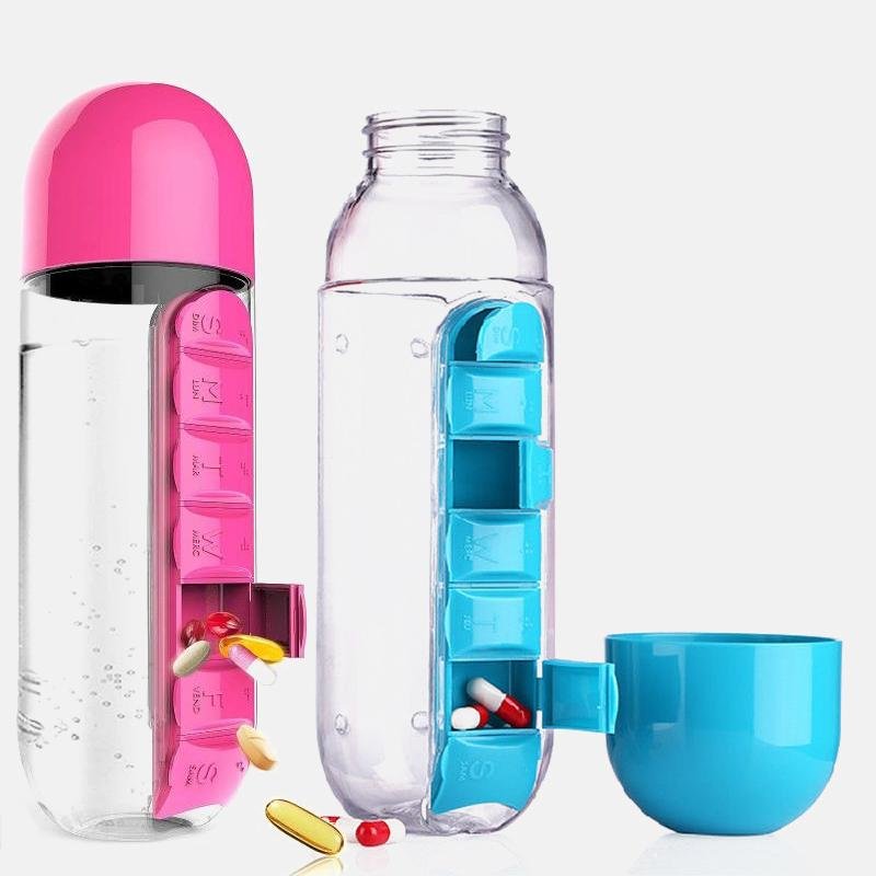 Water Bottle With Pillbox Plastic Drink Bottle With Medicine Pills Box Travel 7 Days Drug Organizer Drinking Container、、sdecorshop