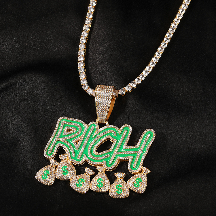 18K Gold Plated Iced Out Rich Dollar Money Bag Enamel Pendant Necklaces