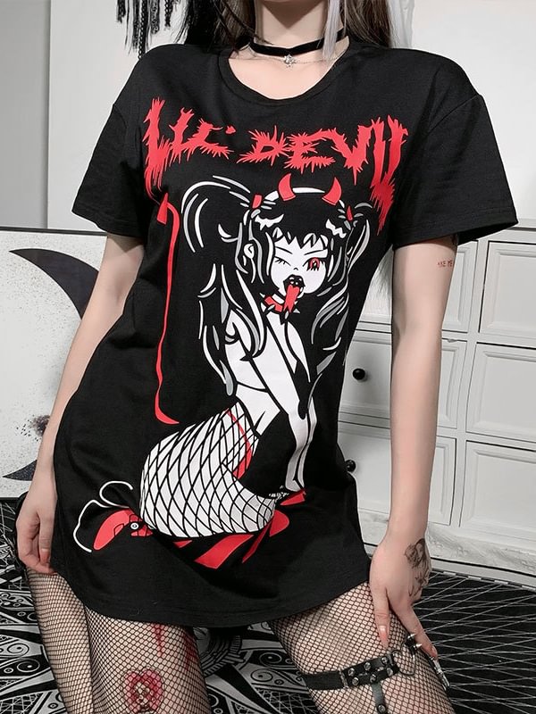 Dark Devil Girl Printed Crew Collar T-shirt