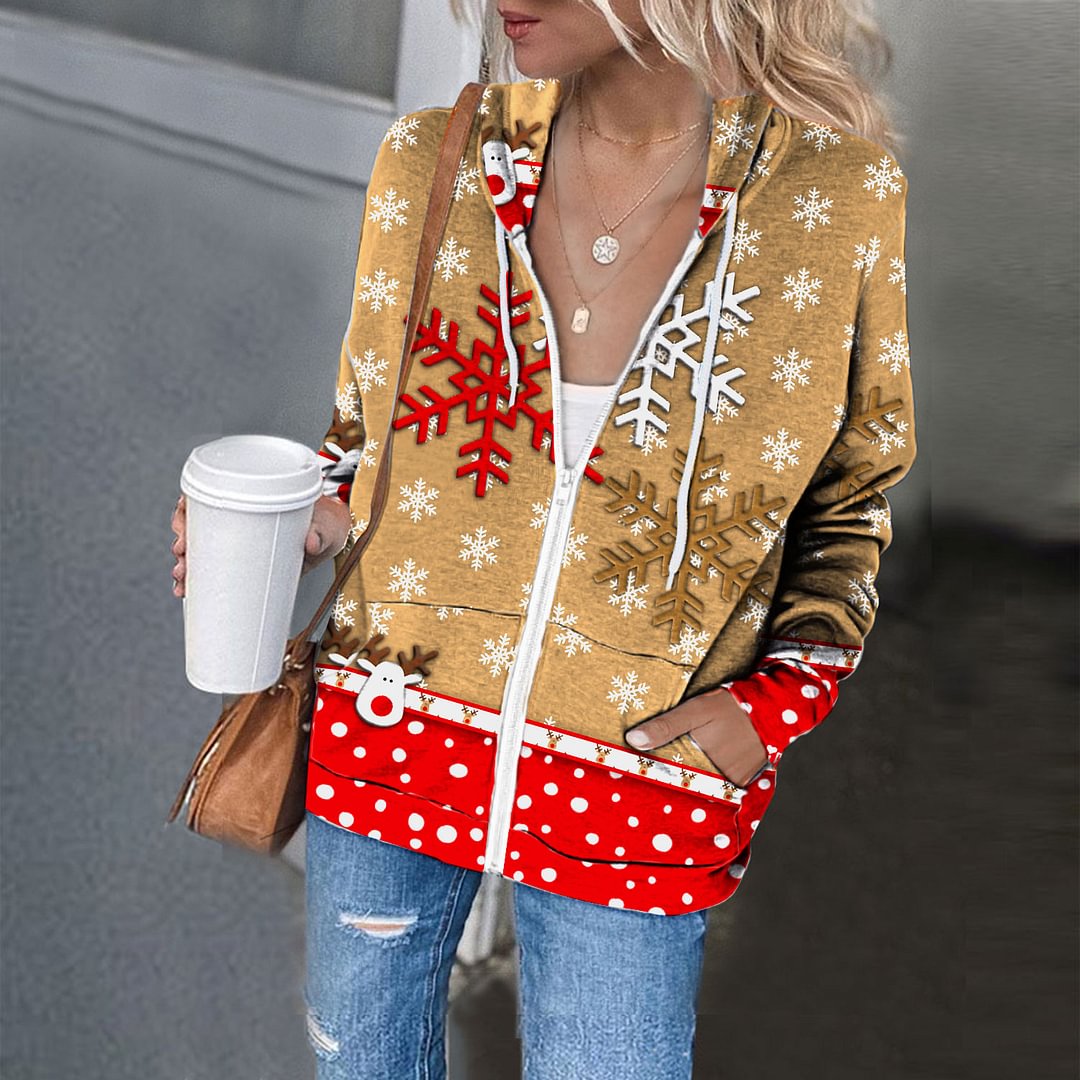 Large Scale Snowflakes Pattern Women Zipper-up Sweatshirt With Hat
