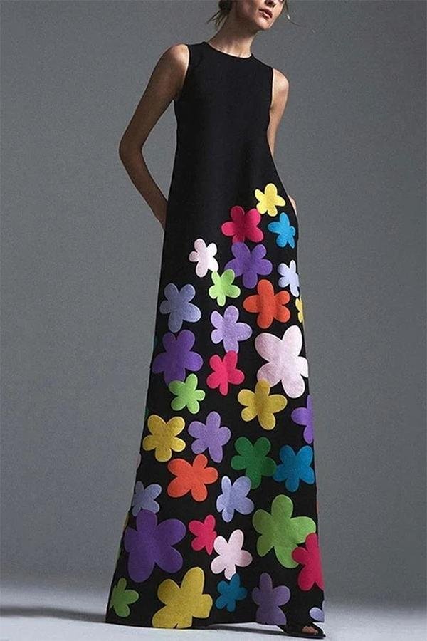 Womens Romantic Classic Urban Floral Print Sleeveless Long Dress-Allyzone-Allyzone