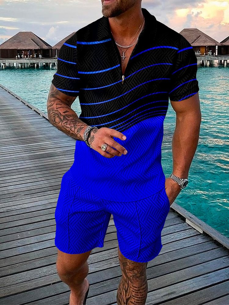Men's Holiday Blue Gradient Line Printing Polo Suit