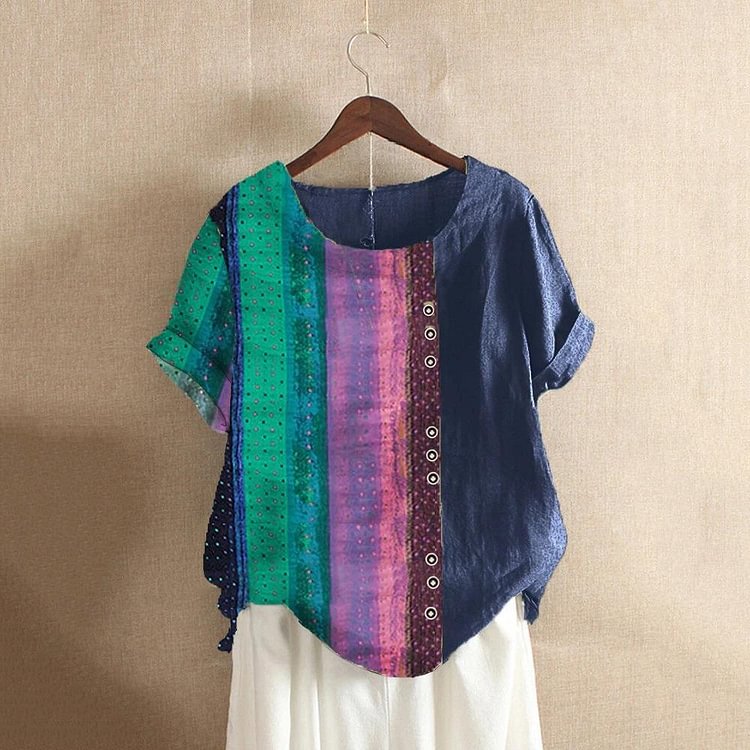 Ladies cotton and linen striped print stitching loose T-shirt-Mayoulove