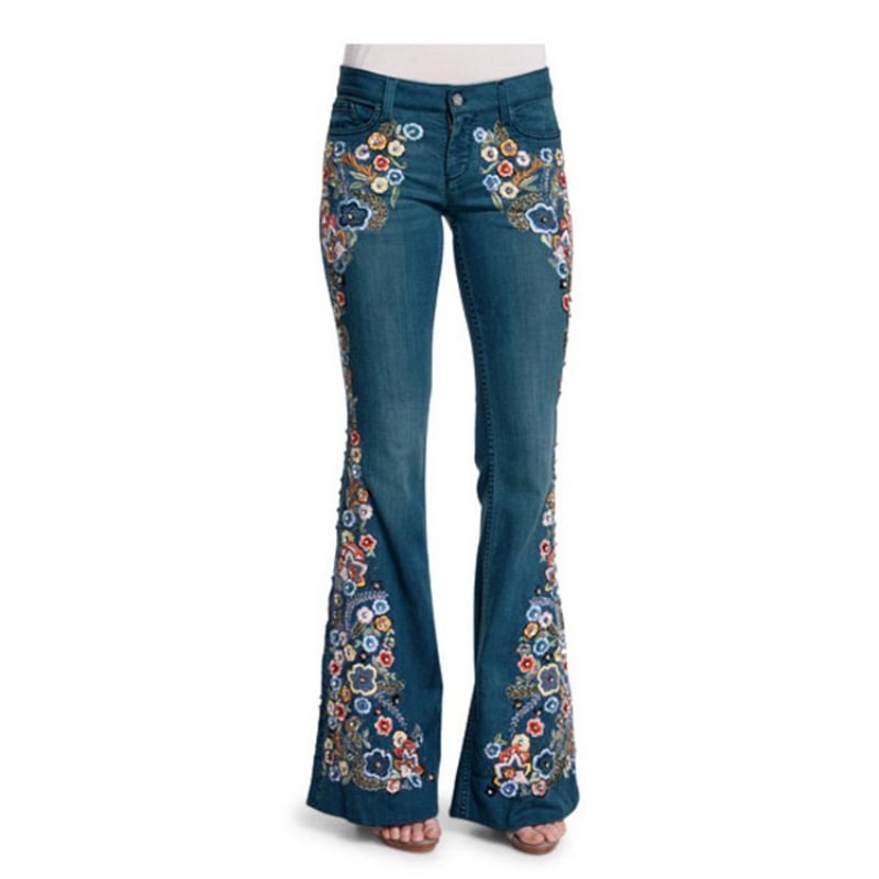Comfortable Embroidered Flowers Bell-bottom Jeans