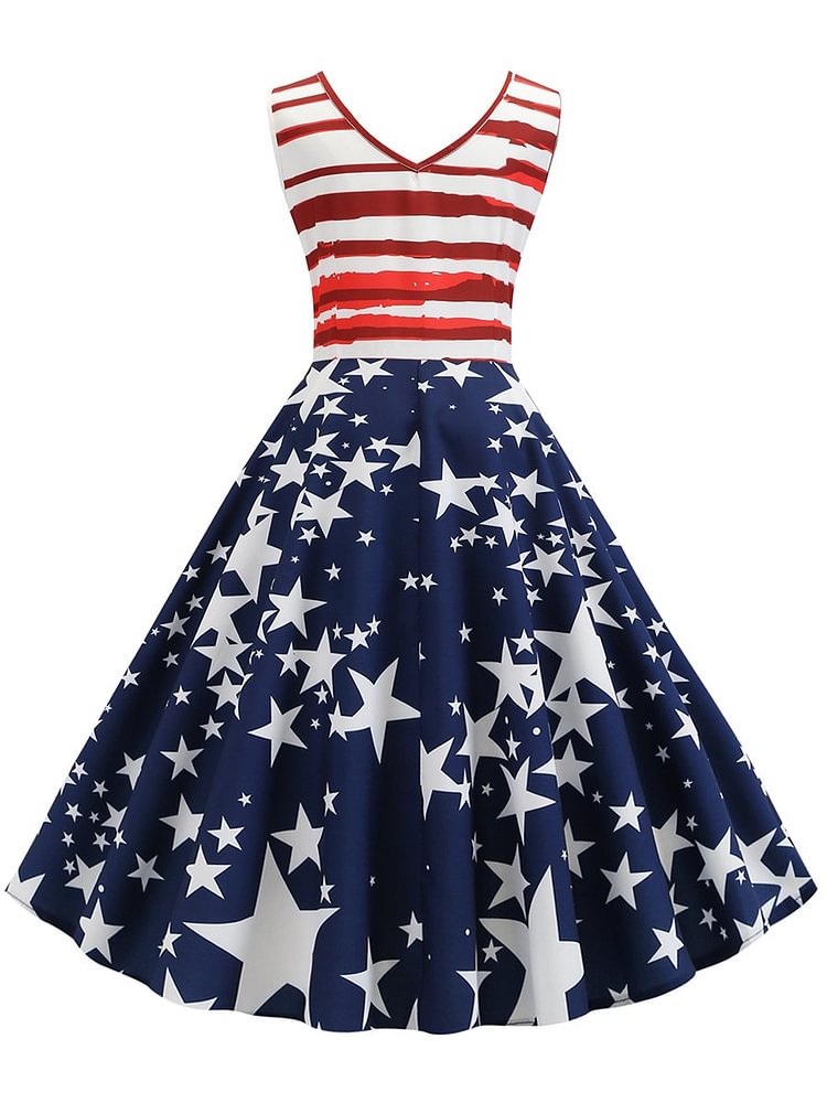 Mayoulove American Flag Dress V Neck Striped Patchwork 1950s Dress-Mayoulove