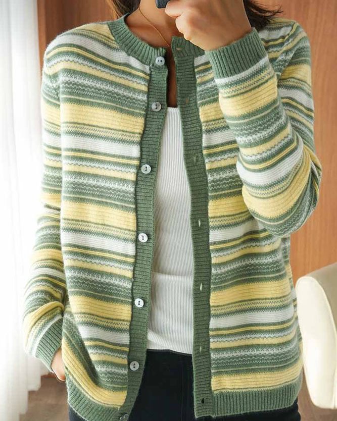 Casual and simple contrast striped loose knit cardigan Sweater