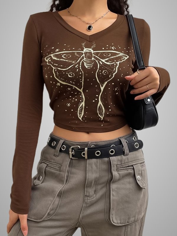Gothic Dark Statement Butterfly Graphic Printed V Neck Long Sleeve Slim Midriff Sweatshirt