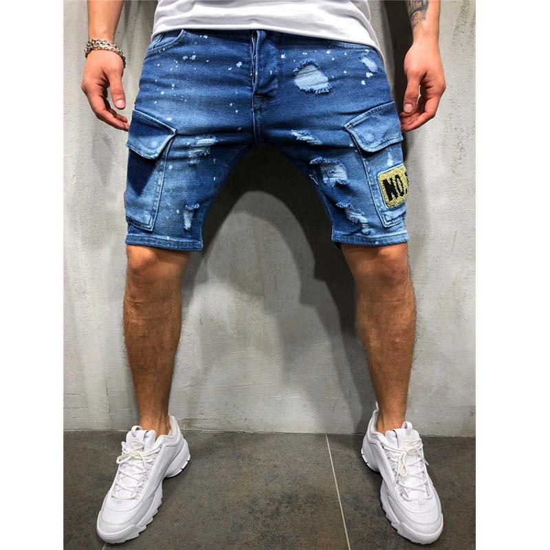 Embroidered Letters  Casual Big Pockets Men's Jeans Shorts-VESSFUL