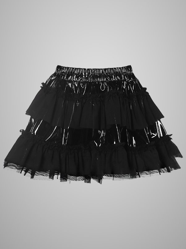 Dark Black Mesh Paneled Lustrous High Rise Mini Skirt
