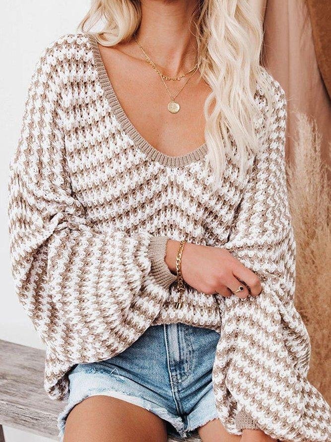 V Neck Casual Knitted Striped Sweater-Corachic
