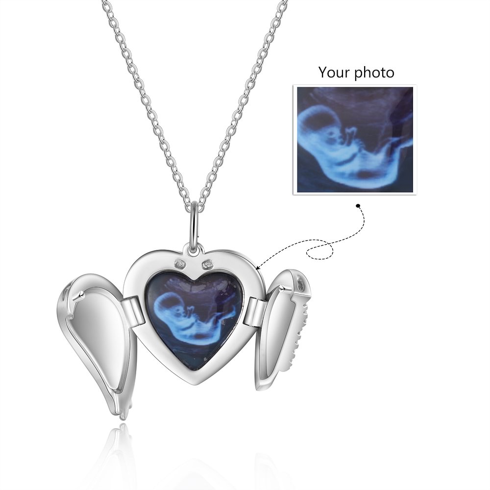 Custom Angel Wing Heart Picture Locket Necklace, Memorial Keepsake Necklace, Personalized Necklace with Picture