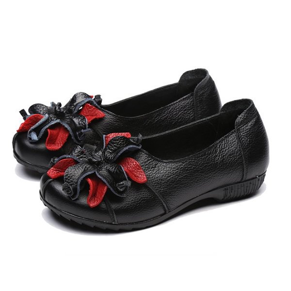 Women Socofy SOCOFY Retro Handmade Flower Soft Flat Casual Leather Loafers