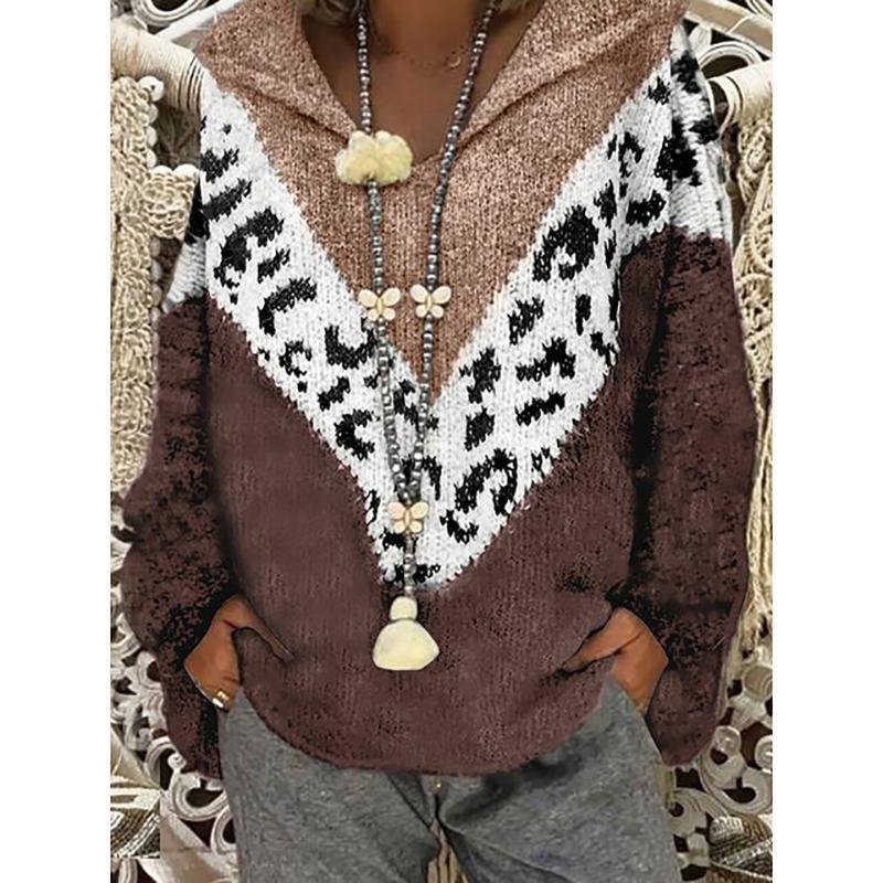 Leopard Plus Size Knitted Hooded Sweater-Corachic