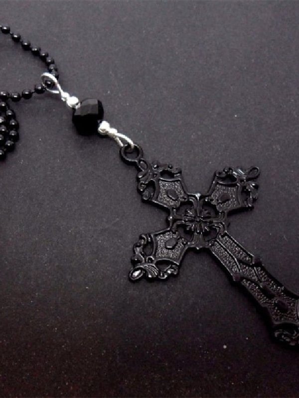 Dark Gothic Black Round Beads Necklace with Cross Pendant