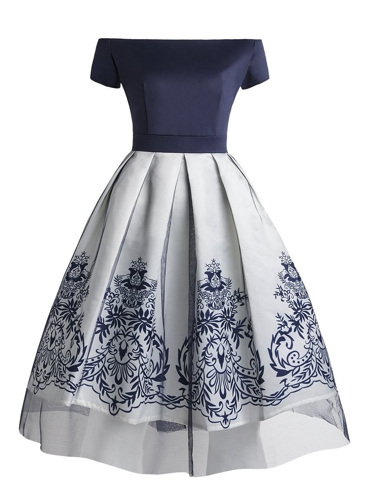 Mayoulove 1950s Elegant Off Shoulder Mesh Floral Dress-Mayoulove