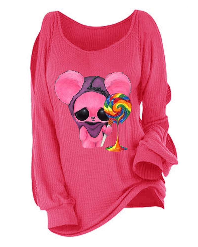 Cute Mouse Holding Big Lollipop Knitted Women Long Top