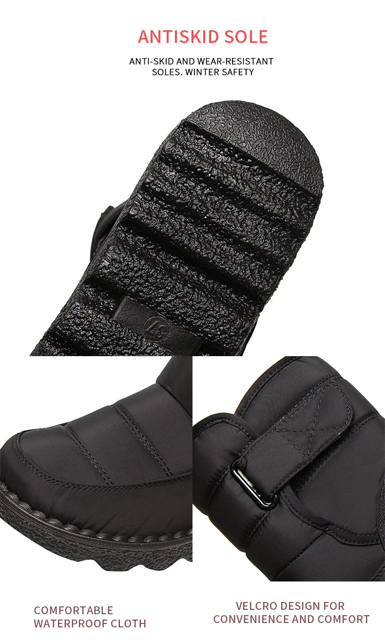 Close-up van zwarte winterlaars met nadruk op antislip zool en waterdichte stof