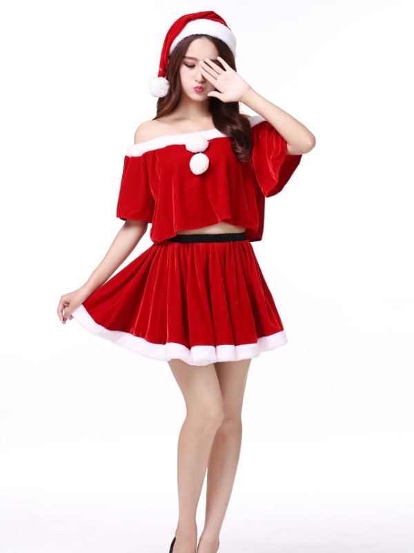 Christmas Festival Costumes Red Velvet Sets: Off Shoulder Long Sleeve Top + Elastic Waist Skater Skirt