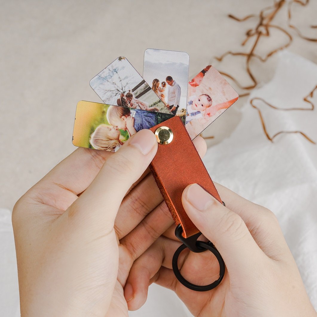 Personalized Photo Album Keychain Custom 3 Photos Leather Keychain for Lovers