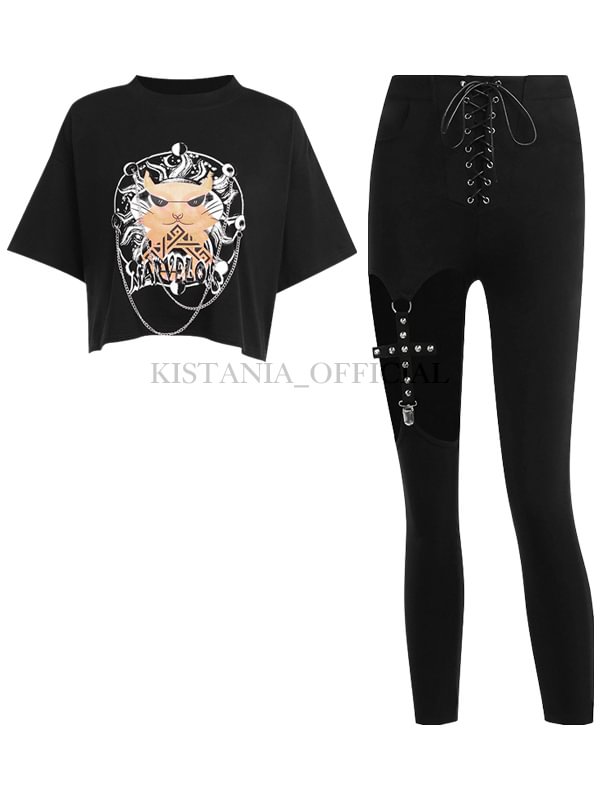 Graphic Printed Chain-trimmed Loose T-shirt + Rivet Cross Suspended Cutout Lace Up High Rise Slim Pants 2-piece Sets