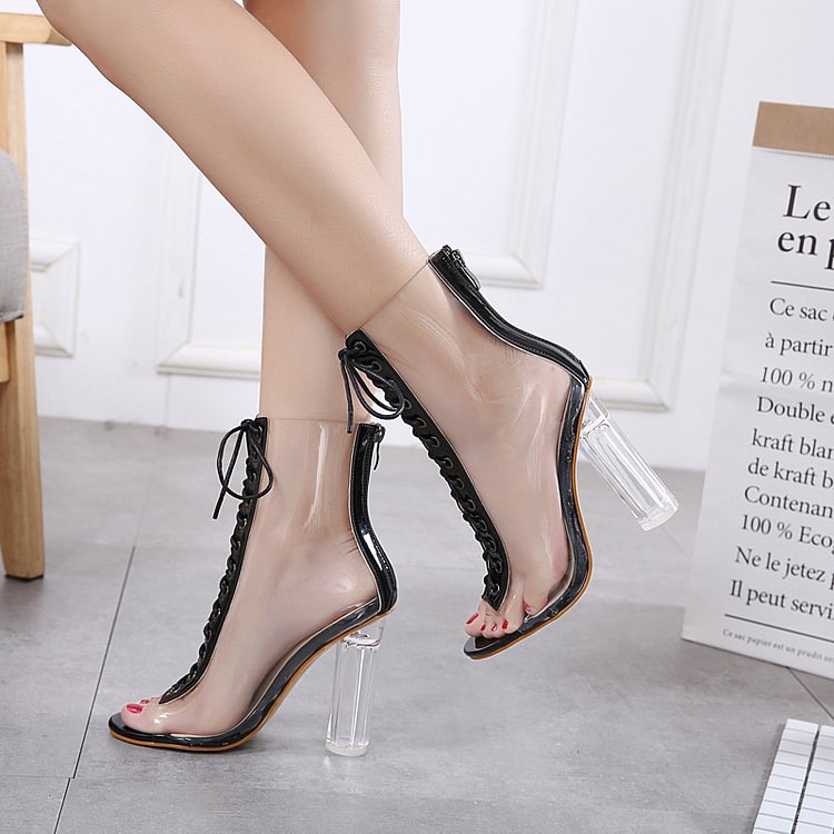Clear Heels For Women Sexy Lace Up Chunky Heels Peep Toe Pvc Tie Up High Heel Boots