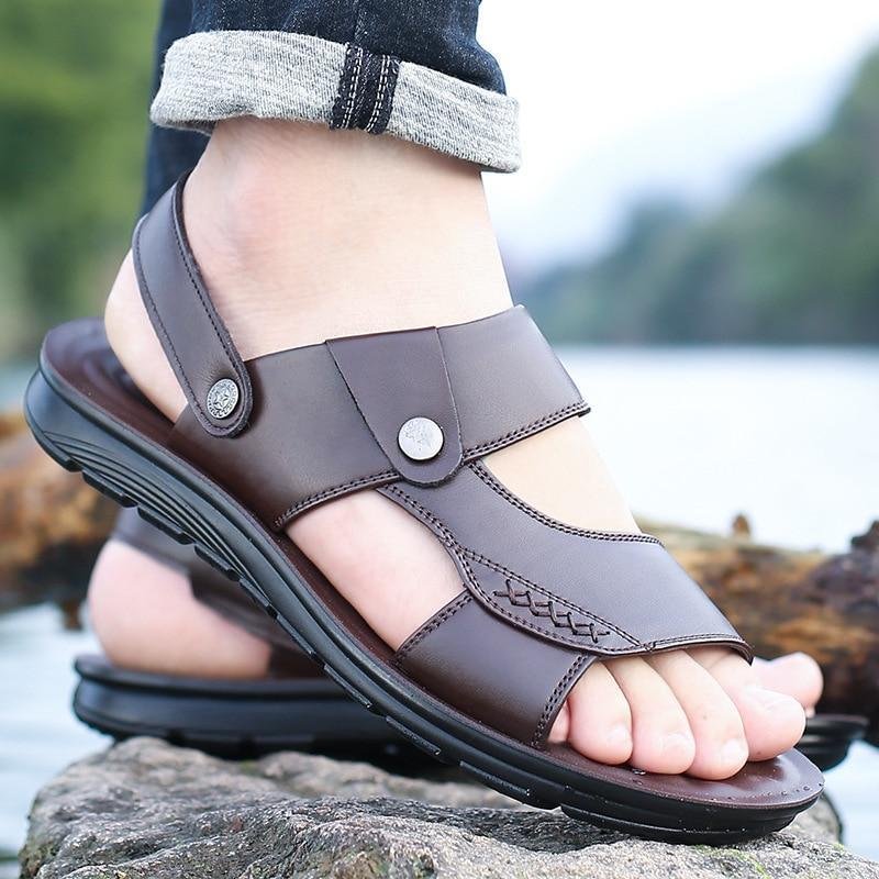Men's Genuine Leather Sandals Summer Beach Casual Slippers Shoes-Corachic