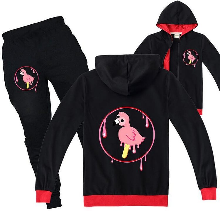 Mayoulove Girls Boys Flamingo Print Cotton Zip Up Hoodie Sweatpants Tracksuit-Mayoulove