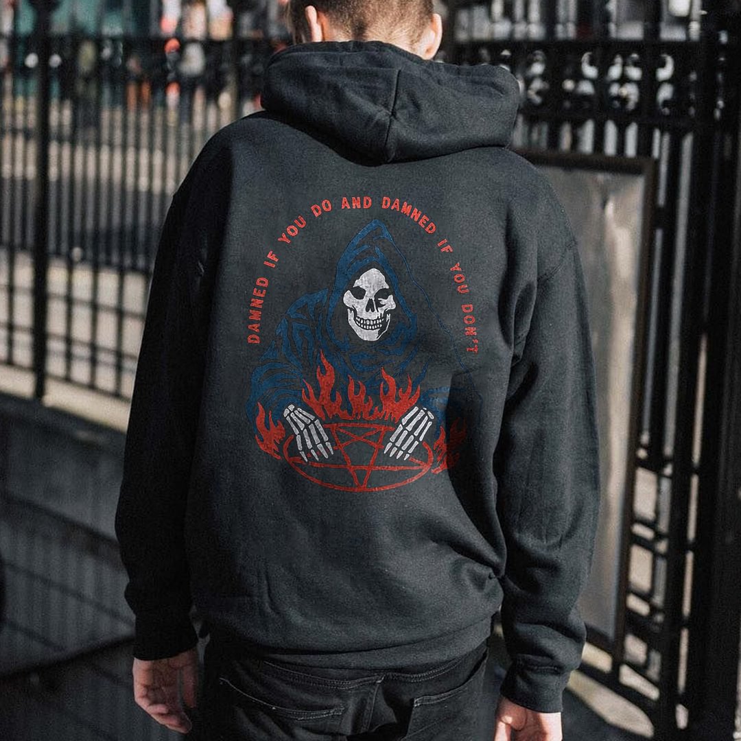 Cloeinc Damned If You Do And Damned If You Don't Skull Printed Men's Hoodie - Cloeinc
