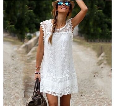 Women's loose casual fashion White Lace Lace Wool Ball Elegant Sleeveless Dress With Lining