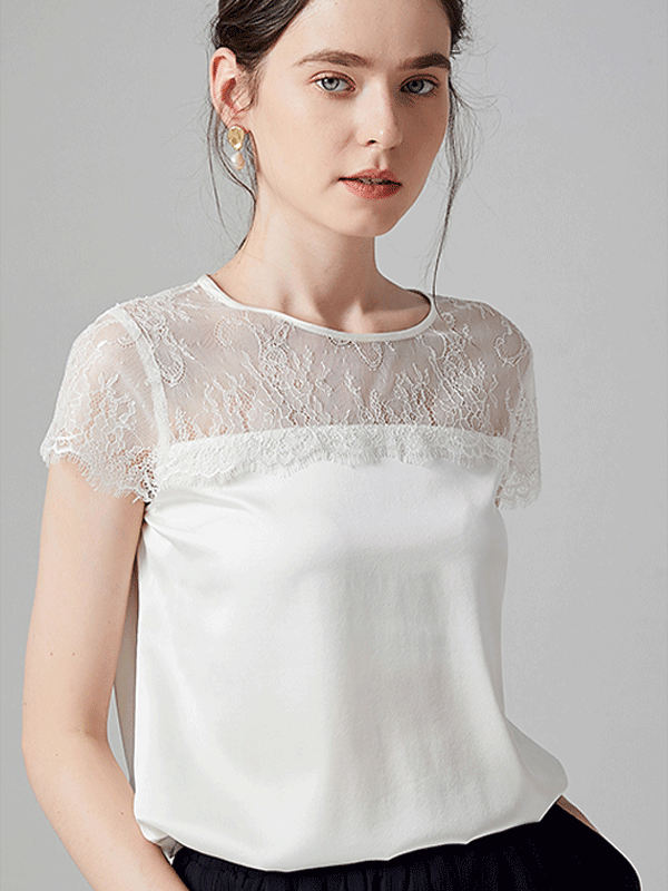 Elegant Round Lace Neck Silk Tee丨Unisize-Luxury Silk Life