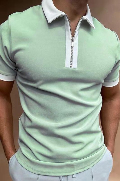 Tiboyz Men's Zipper Colorblock Short Sleeve Polo Shirt