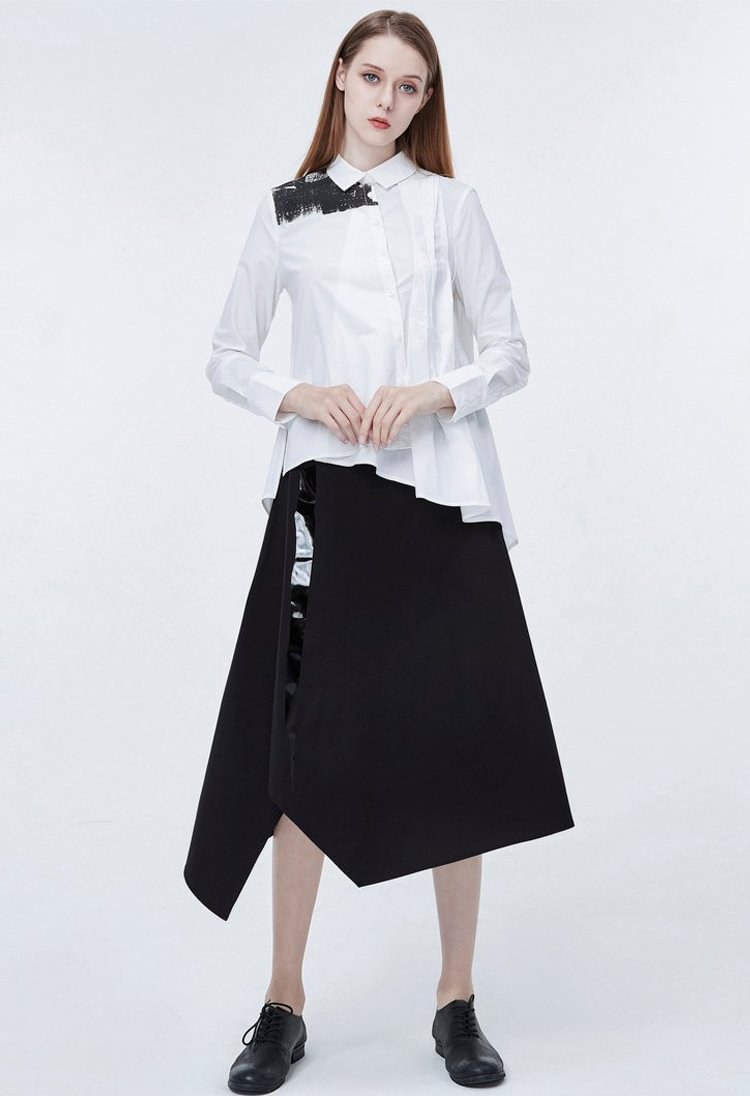SDEER Cool Offset Printing Irregular Black Skirt Long Skirt