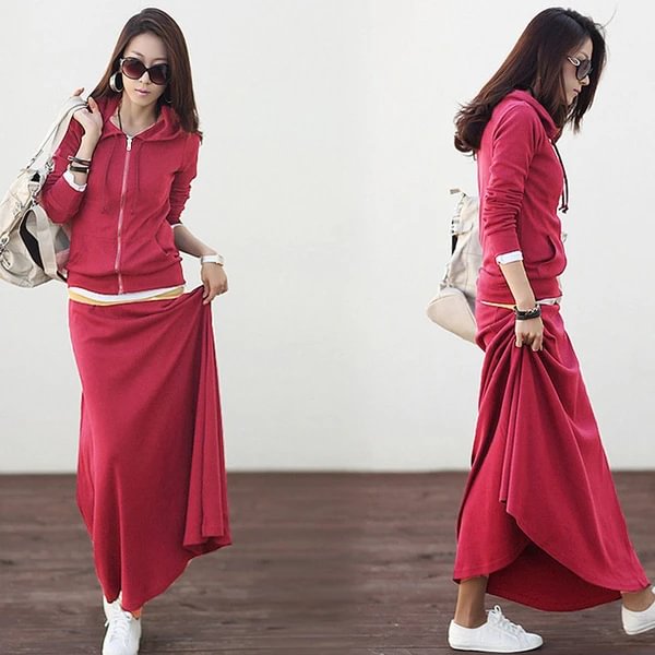 New Style Casual Slim Dress Hooded Large Sweater Two-piece Dress Suit-Corachic