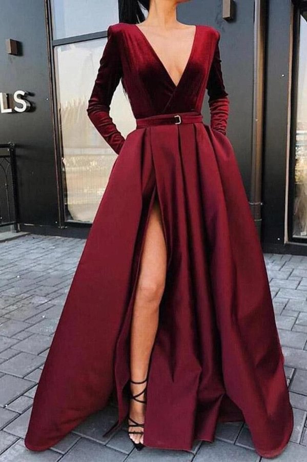 Luluslly Long Sleeves Burgundy V-Neck Prom Dress With Split