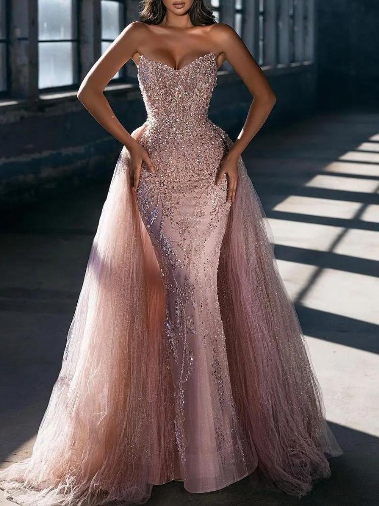 Gorgeous sequins tube top slim evening dress with mesh maxi train
