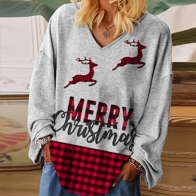 Merry Christmas Red Plaid Reindeer Print T-shirt