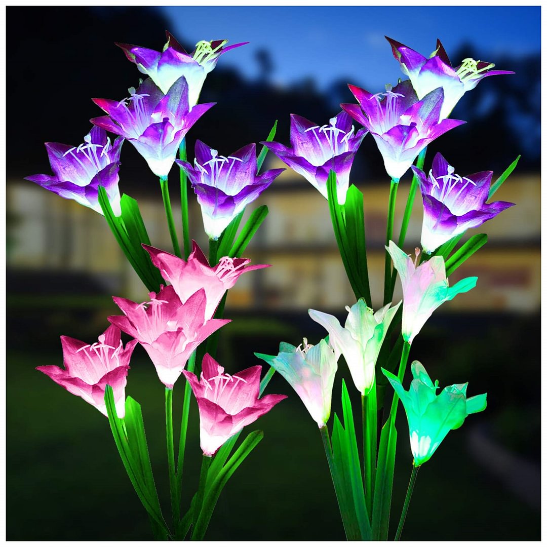 Outdoor Solar Lights, 4 Pack Solar Garden Lights with 16 Waterproof 7 Color  Lily Flowers、、sdecorshop