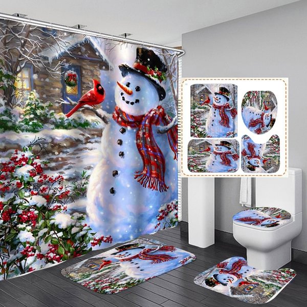 Happy Snowman Snow Landscape Bathroom 1pc door mat 3 piece Toilet Cover Mat 180x180cm shower curtain Christmas Decoration