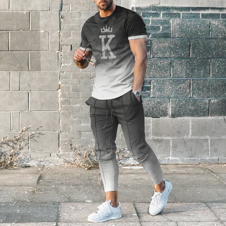 BrosWear Black And Gray Gradient King T-Shirt And Pants Two Piece Set