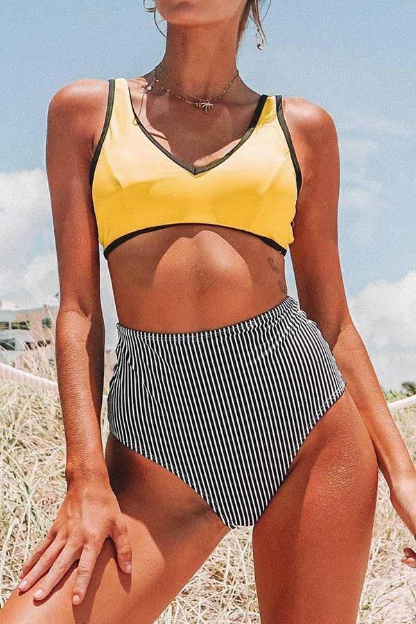 Women V-Neck High Waist Stripe Print Swimsuit-Allyzone-Allyzone