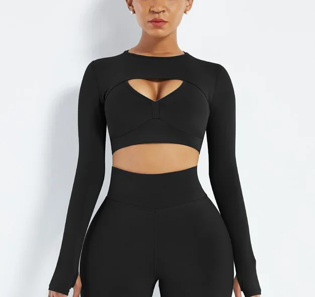 Black Long Sleeves Sports Crop Top Cut-out Tee Top For Women