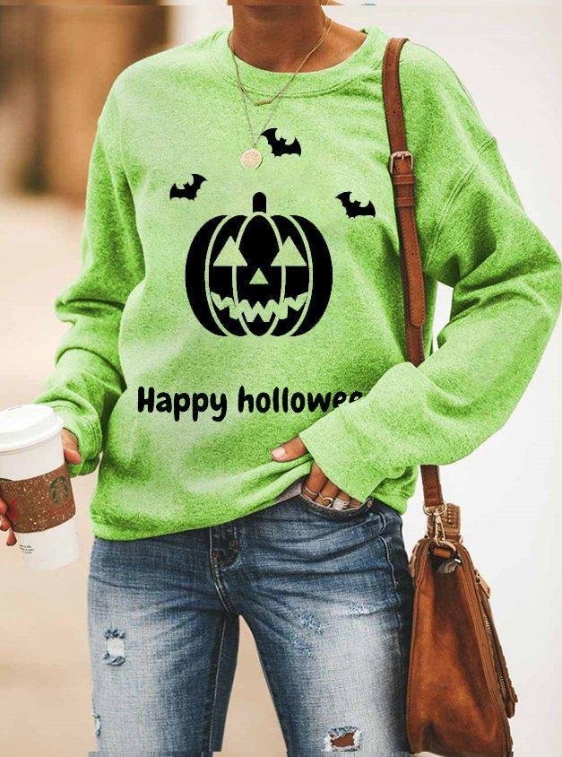 Happy Holloween Pumpkin Print Crew Neck Women Pullover & Sweatshirt-Mayoulove