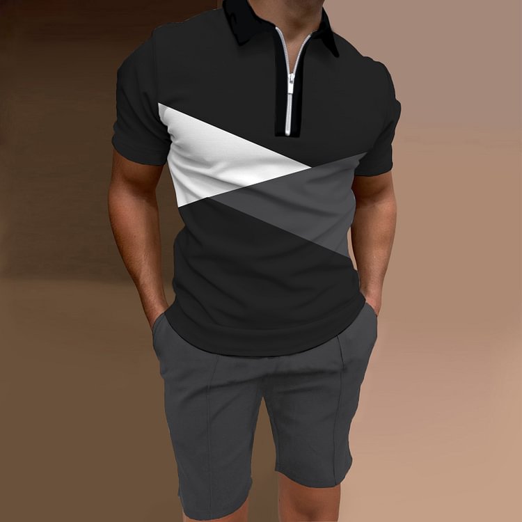 BrosWear Contrasting Geometry Polo Shirt And Shorts Two Piece Set