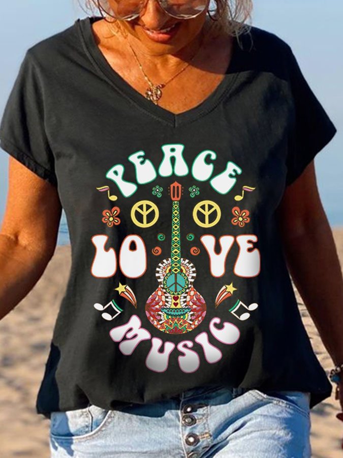 Floral Guitar Peace Love Music Printed Graphic Tees