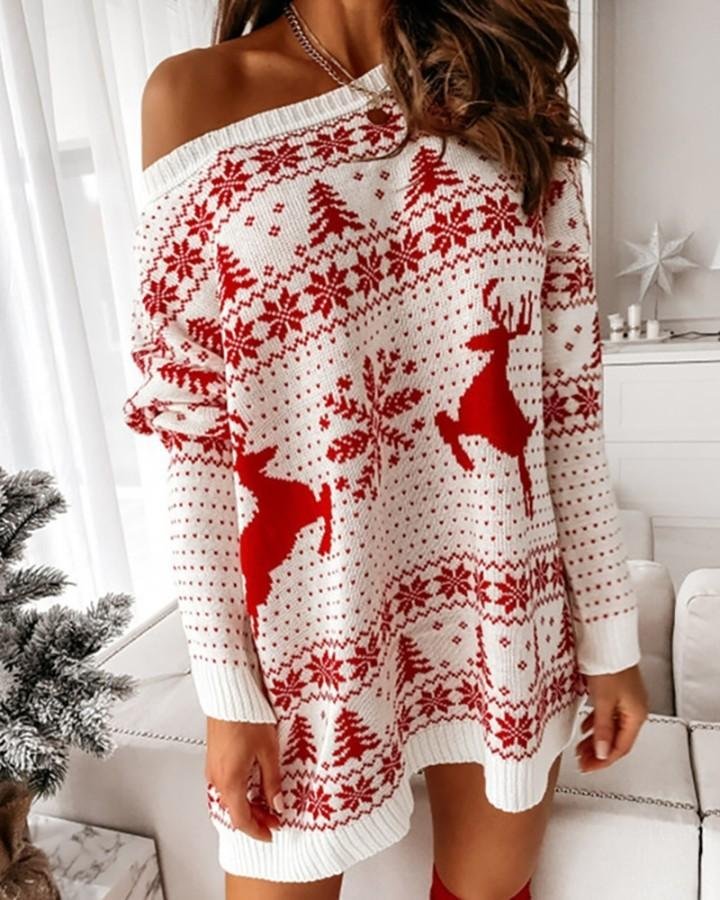 Christmas Print Long Sleeve Knit Dress P10823
